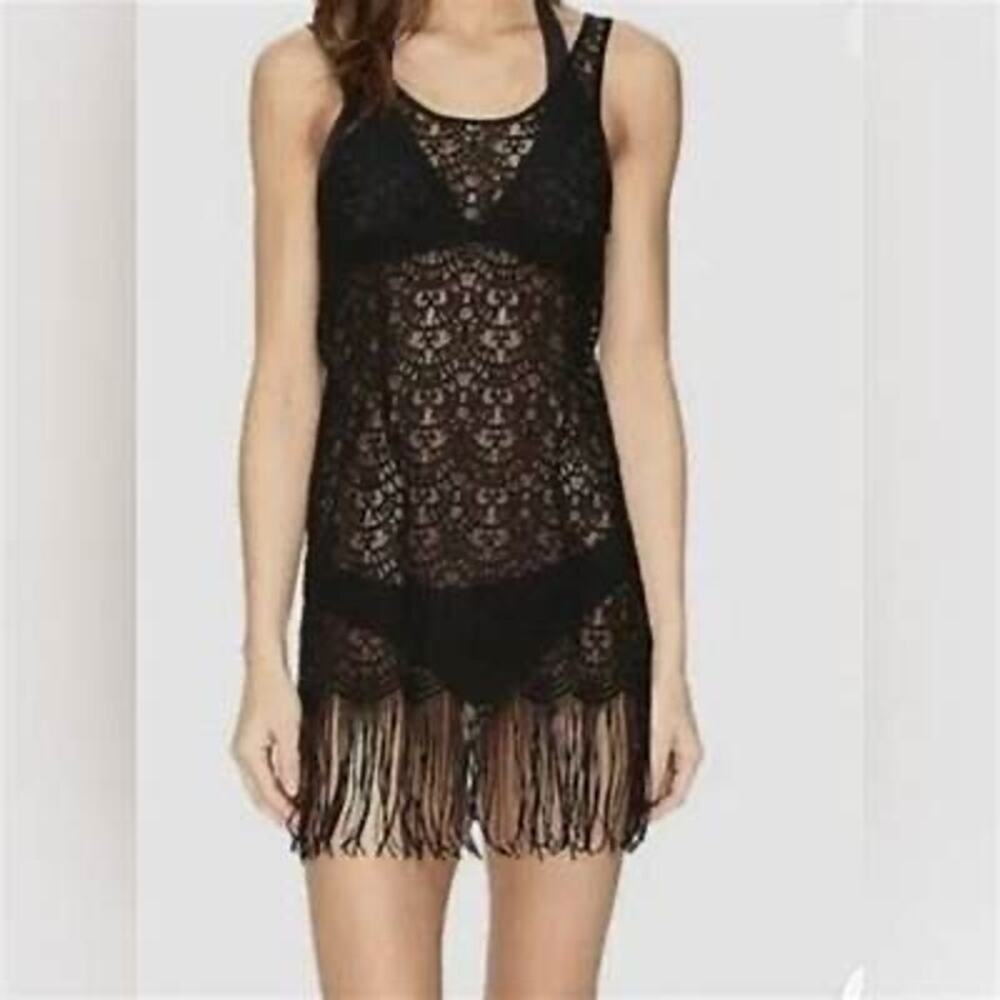 L’Agent Agent Provocateur Black Fringed Sheer Lace Beach Swimsuit Coverup Size M
